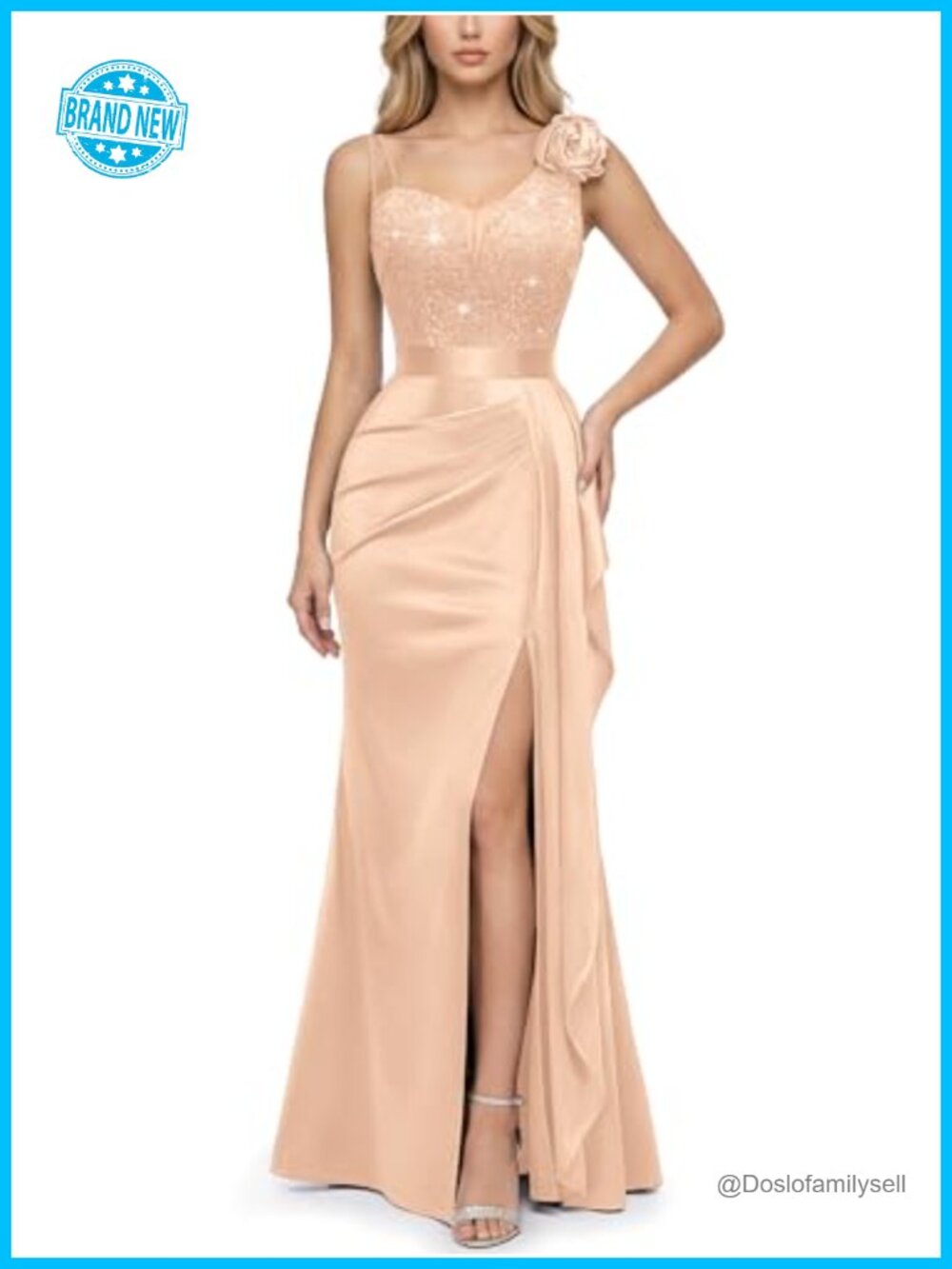 Elegant V-Neck Ruched Sequin Lace Satin Bodycon Formal Long Dress